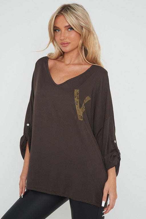 One Size 'V' Embellished V Neck Top