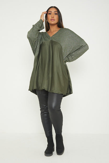 One Size Lurex Shimmer V Neck Knitted Top With Satin Front