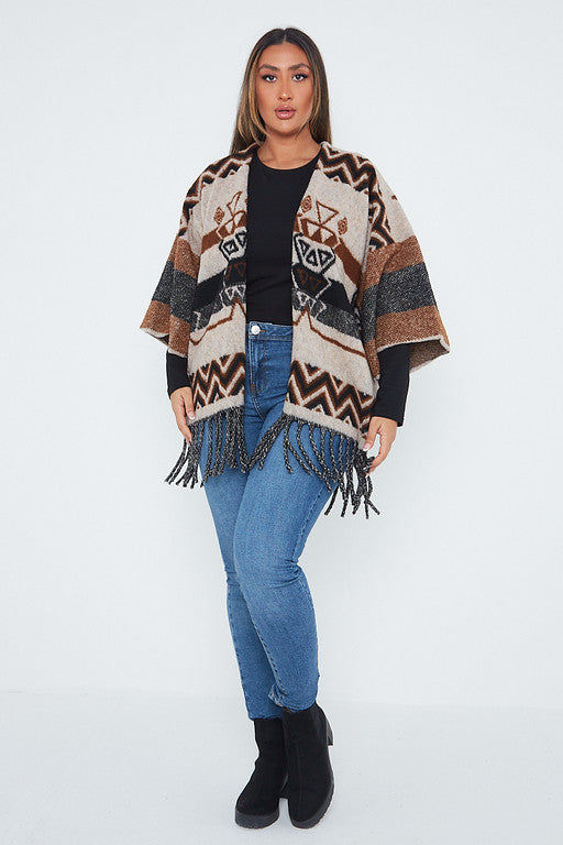 One Size Aztec Fringe Detail Poncho