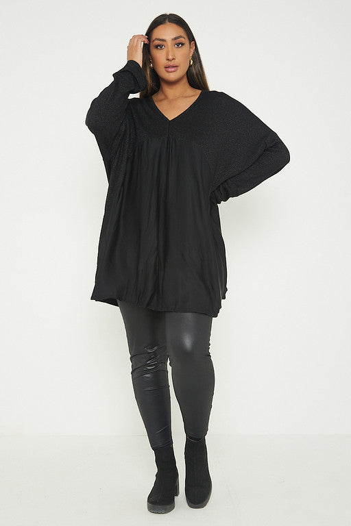 One Size Lurex Shimmer V Neck Knitted Top With Satin Front