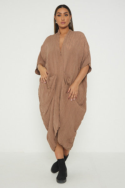 One Size V Neck Gathered Tunic Maxi Dress