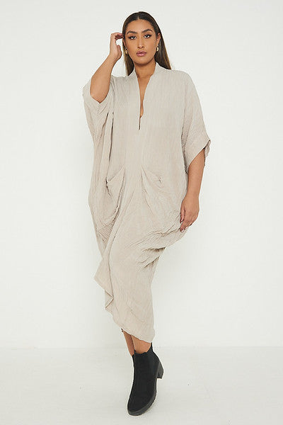 One Size V Neck Gathered Tunic Maxi Dress
