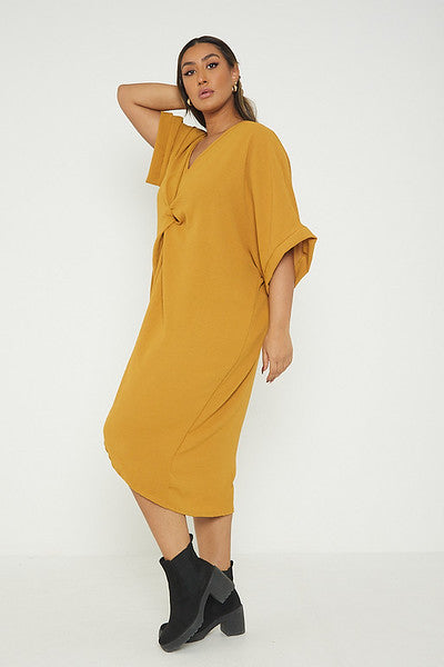 One Size Twist Front Mid Sleeve Midi Tunic Dress
