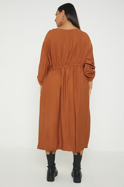 One Size  Crepe Turn Up Sleeve Pocket Midi Long Dress