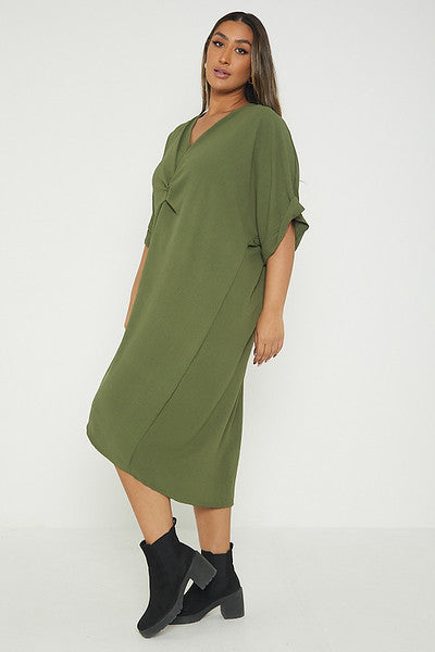 One Size Twist Front Mid Sleeve Midi Tunic Dress