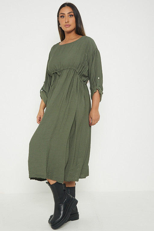 One Size  Crepe Turn Up Sleeve Pocket Midi Long Dress