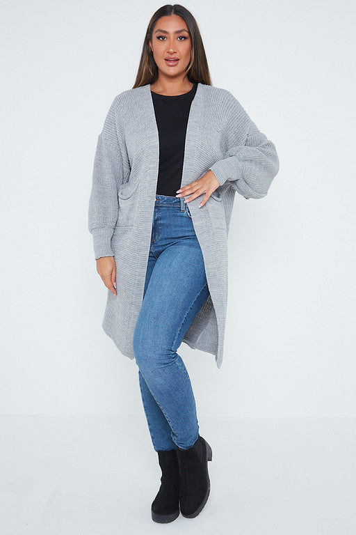 One Size Mid Length Knit Pocket Cardigan