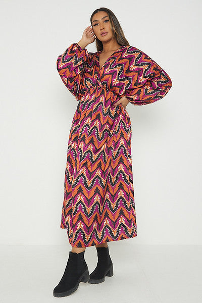 One Size Abstract Print Balloon Sleeve Maxi Long Dress