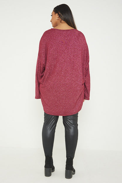 One Size Lurex Shimmer V Neck Knitted Top With Satin Front