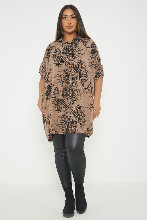 One Size Animal Print Turn Up Sleeve Shirt With Pockets