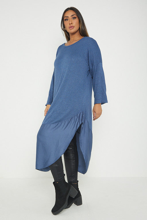 One Size Round Neck Knitted Jumper Dress With Satin Hem
