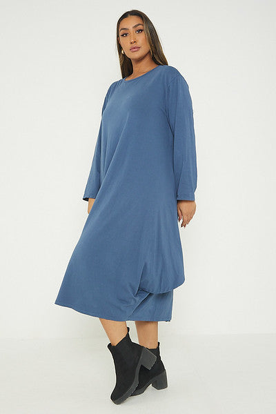 One Size Long Sleeved Waterfall Hem Midi Dress
