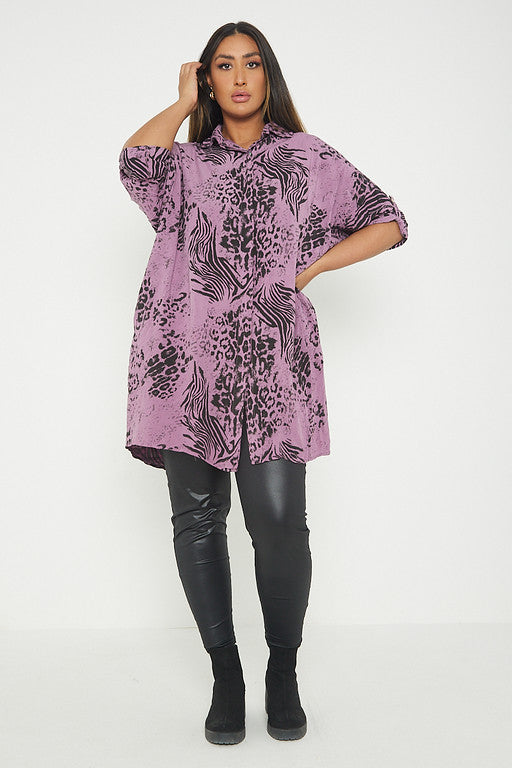 One Size Animal Print Turn Up Sleeve Shirt With Pockets
