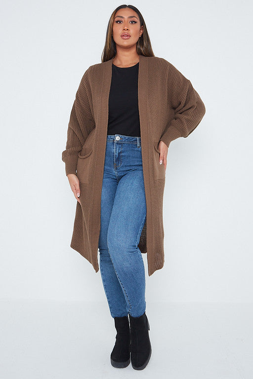 One Size Mid Length Knit Pocket Cardigan
