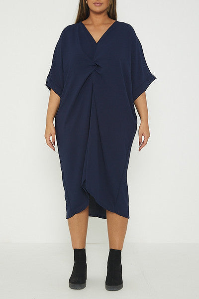 One Size Twist Front Mid Sleeve Midi Tunic Dress
