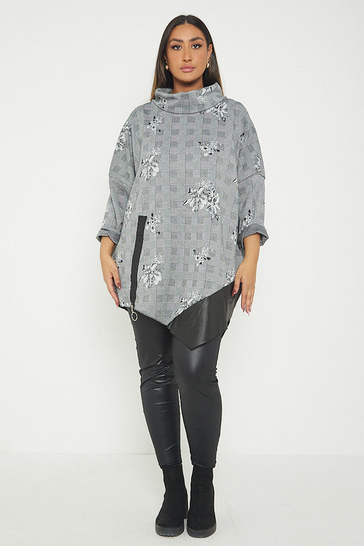 One Size Check Roll Neck Poncho Top