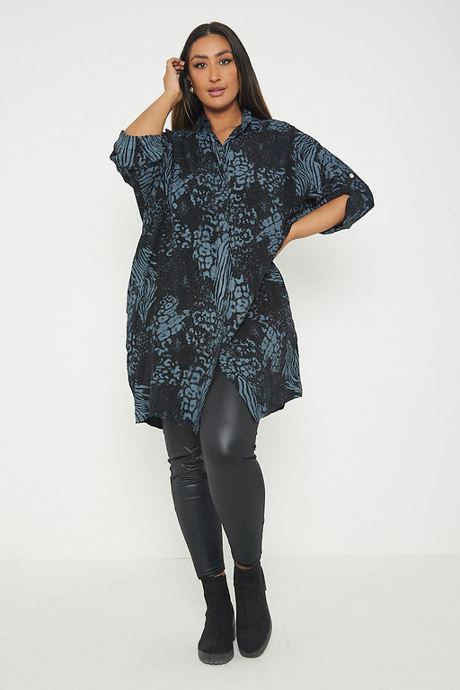 One Size Animal Print Turn Up Sleeve Shirt With Pockets