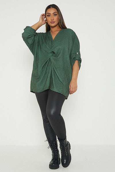 One Size Snake Print Twist Front Turn Up Sleeve Blouse
