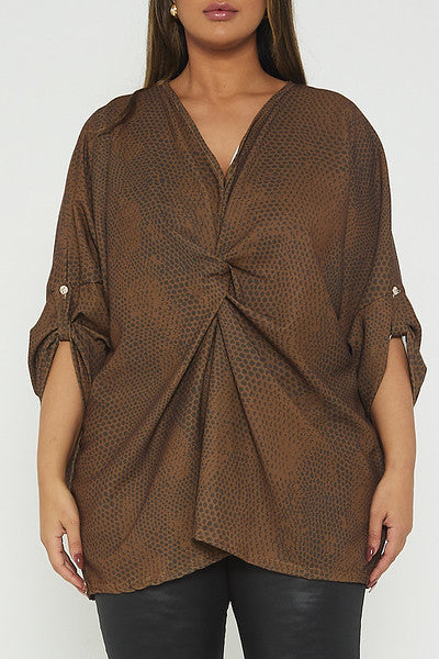 One Size Snake Print Twist Front Turn Up Sleeve Blouse