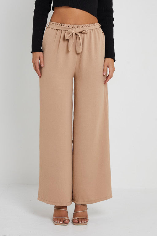 Elasticated Waist Belted Straight Flare Crepe Trousers