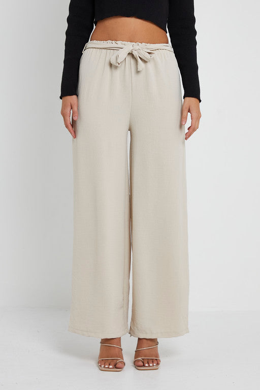 Elasticated Waist Belted Straight Flare Crepe Trousers