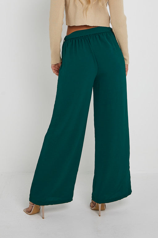 Elasticated Waist Belted Straight Flare Crepe Trousers