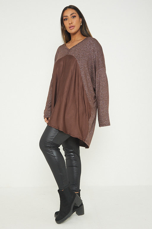 One Size Lurex Shimmer V Neck Knitted Top With Satin Front