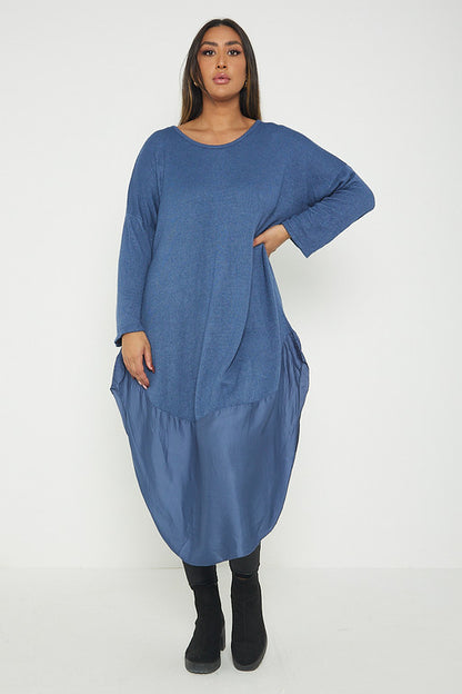 One Size Round Neck Knitted Jumper Dress With Satin Hem