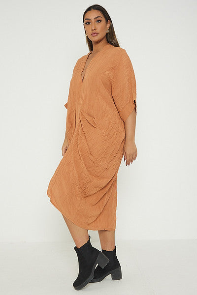 One Size V Neck Gathered Tunic Maxi Dress