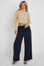 Elasticated Waist Belted Straight Flare Crepe Trousers