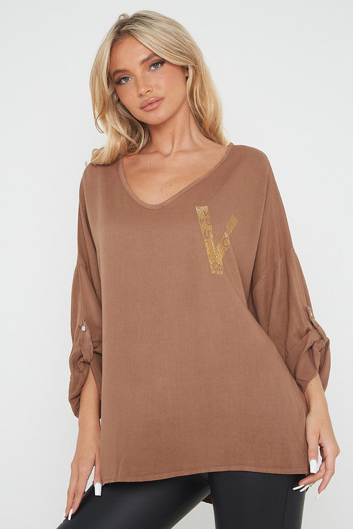 One Size 'V' Embellished V Neck Top