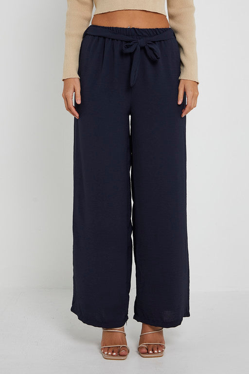 Elasticated Waist Belted Straight Flare Crepe Trousers