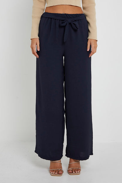Elasticated Waist Belted Straight Flare Crepe Trousers