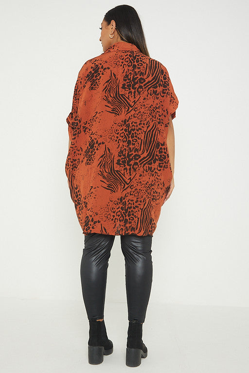One Size Animal Print Turn Up Sleeve Shirt With Pockets