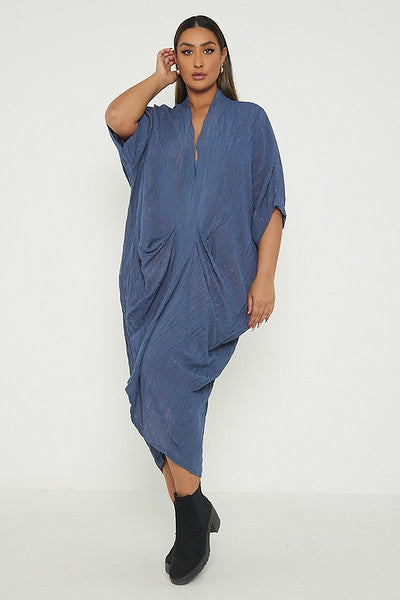 One Size V Neck Gathered Tunic Maxi Dress