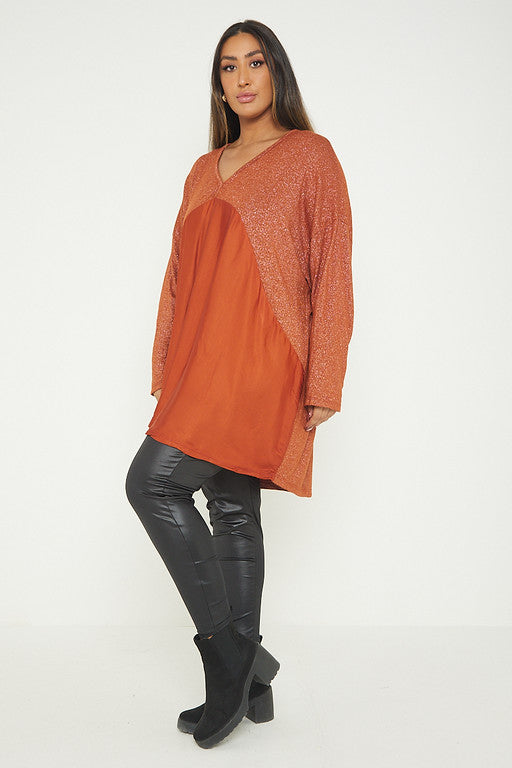 One Size Lurex Shimmer V Neck Knitted Top With Satin Front