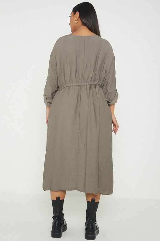 One Size  Crepe Turn Up Sleeve Pocket Midi Long Dress