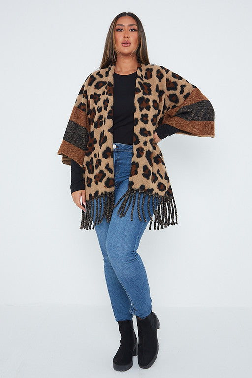 One Size Brown Leopard Detail Poncho