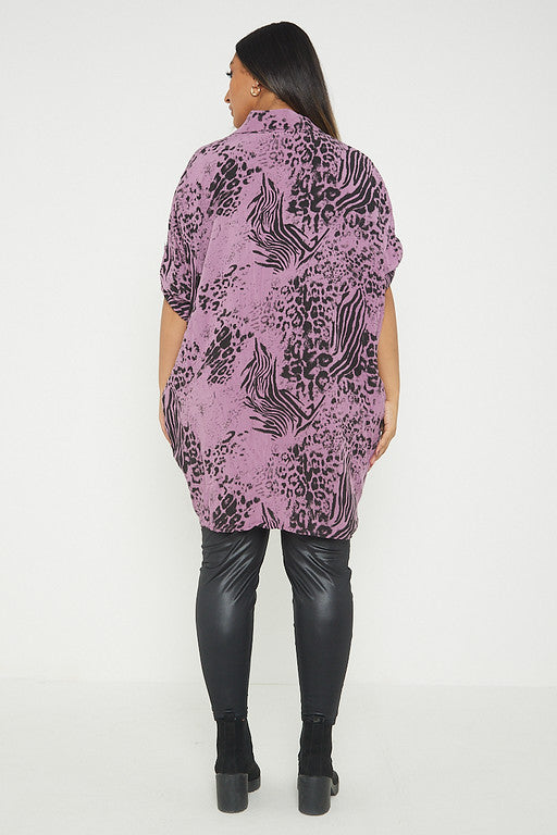 One Size Animal Print Turn Up Sleeve Shirt With Pockets