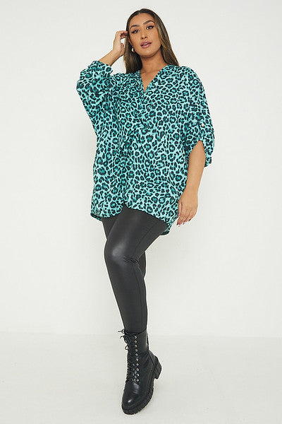 One Size Leopard Print Twist Front Turn Up Sleeve Blouse