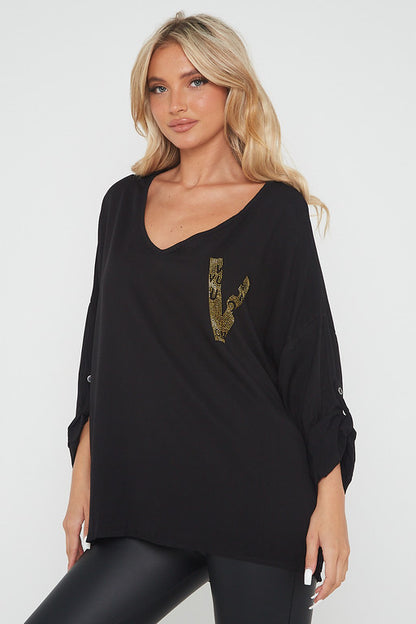 One Size 'V' Embellished V Neck Top