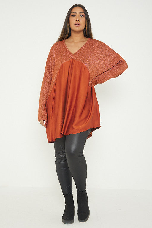 One Size Lurex Shimmer V Neck Knitted Top With Satin Front