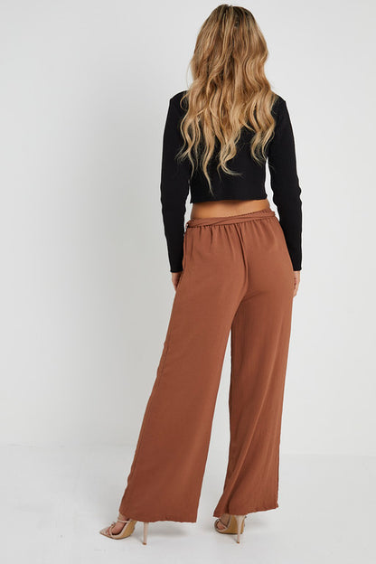 Elasticated Waist Belted Straight Flare Crepe Trousers
