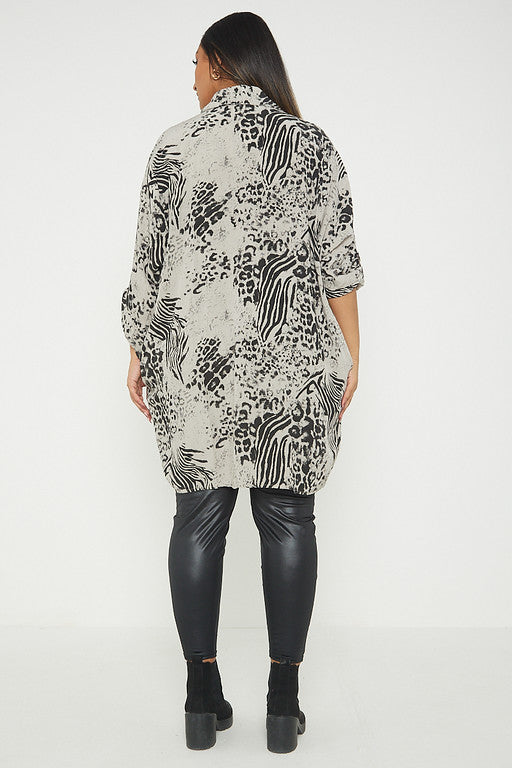 One Size Animal Print Turn Up Sleeve Shirt With Pockets