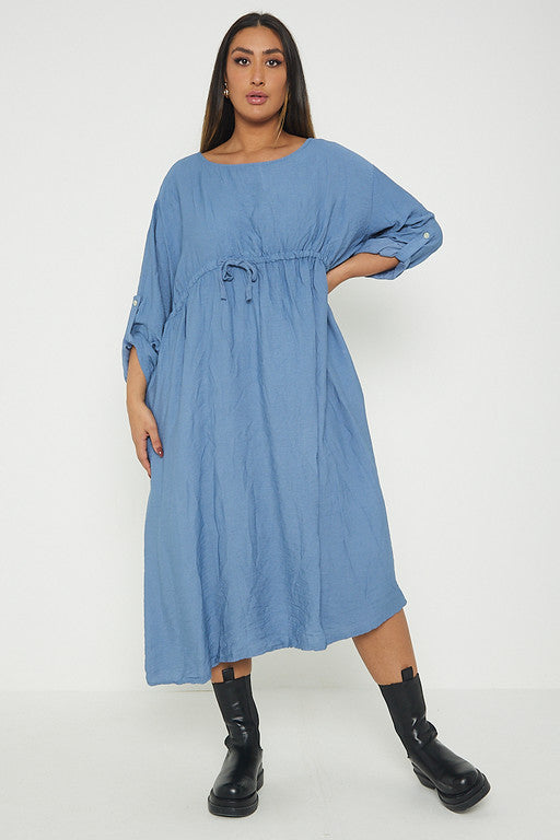 One Size  Crepe Turn Up Sleeve Pocket Midi Long Dress