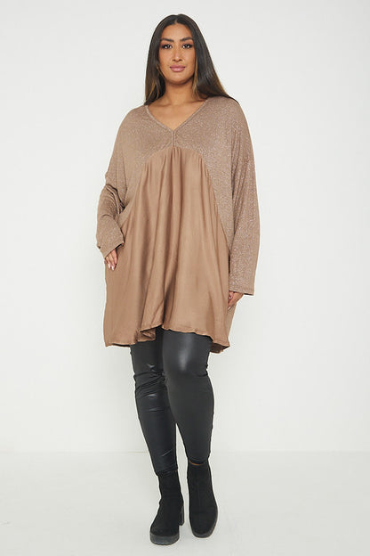 One Size Lurex Shimmer V Neck Knitted Top With Satin Front