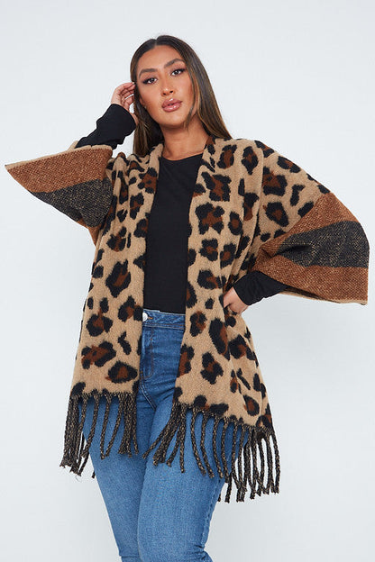 One Size Brown Leopard Detail Poncho