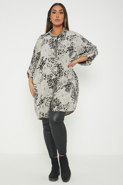 One Size Animal Print Turn Up Sleeve Shirt With Pockets