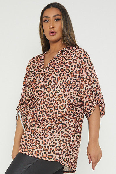 One Size Leopard Print Twist Front Turn Up Sleeve Blouse
