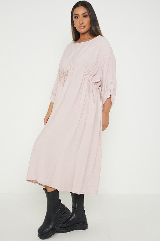 One Size  Crepe Turn Up Sleeve Pocket Midi Long Dress
